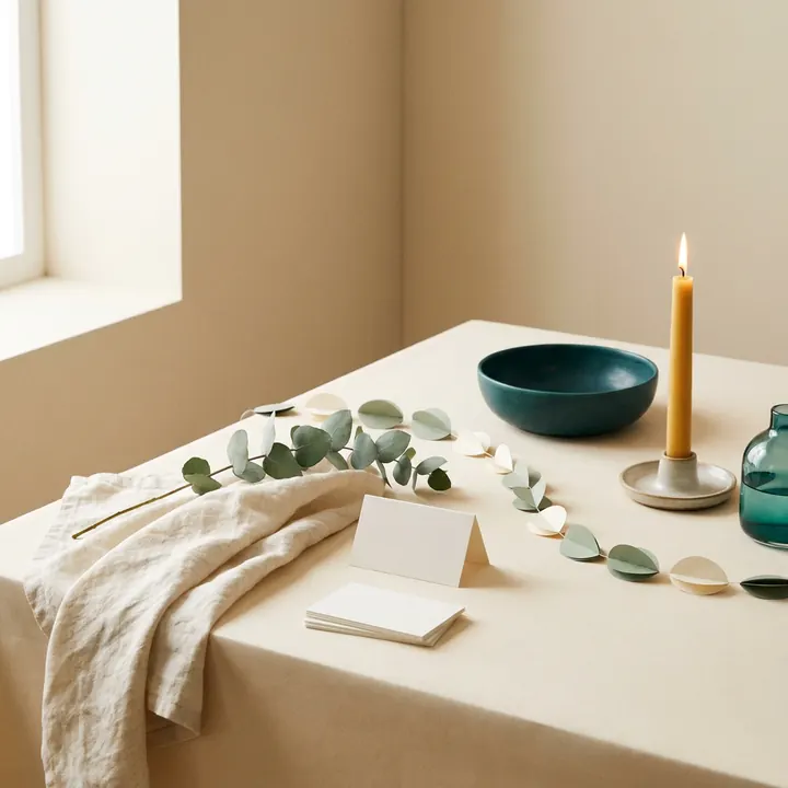 A softly lit table with linen, place cards, a paper garland and a candle