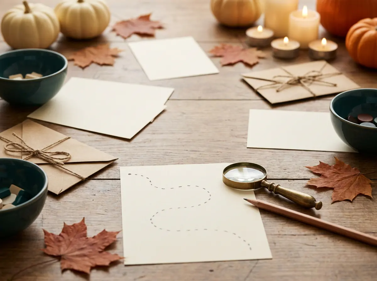 A cozy autumn table set for a family game with paper cards, envelopes, a magnifying glass and fall leaves