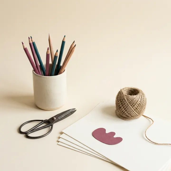 Colored pencils in a ceramic cup, scissors, paper and twine arranged on a cream surface