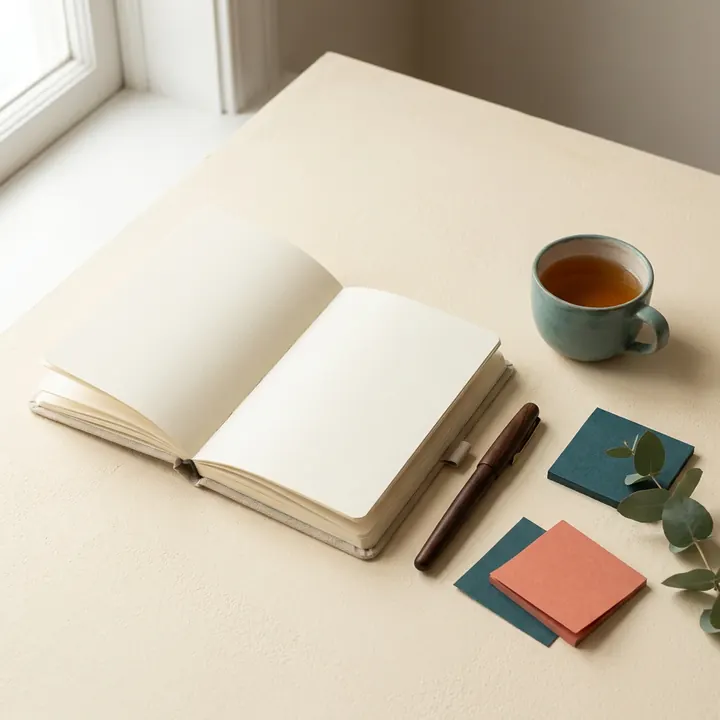 An open notebook, a pen, a cup of tea and paper tabs on a cream desk