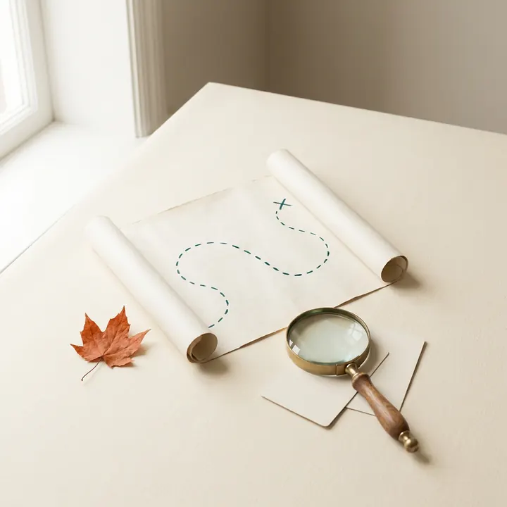 A paper treasure map with a dotted trail, a magnifying glass and playing cards