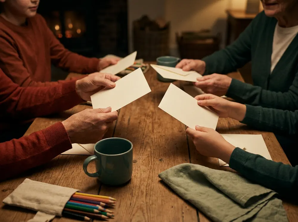 Hands of family members passing paper cards around a wooden table in warm evening light